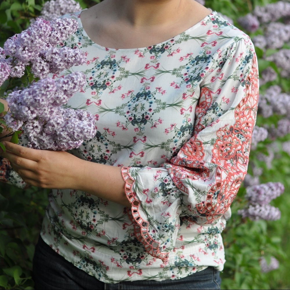 Anthropologie Embroidered Balloon Sleeve Cropped Top